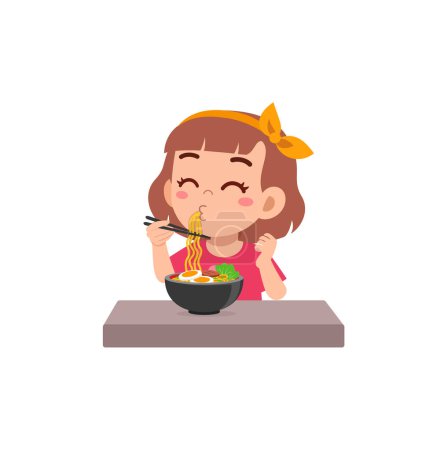 Téléchargez les illustrations : Petit enfant manger ramen et se sentir heureux - en licence libre de droit