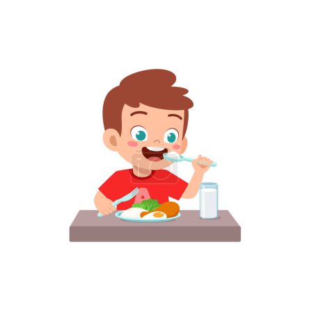 Ilustración de Niño pequeño desayunar con comida saludable - Imagen libre de derechos