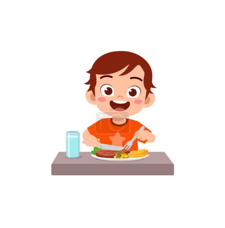 Kleines Kind isst Fleischsteak und fühlt sich glücklich