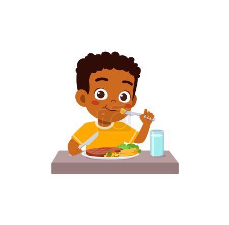 Ilustración de Niño pequeño come carne y se siente feliz - Imagen libre de derechos