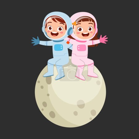little kid wearing astronaut costume and sit on the little moon