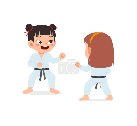 Téléchargez les illustrations : Cute little kid training karate with friend together - en licence libre de droit
