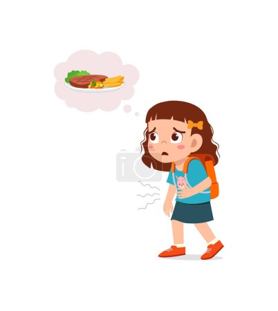 Ilustración de Niño pequeño ir a la escuela omitir el desayuno y sentir hambre - Imagen libre de derechos
