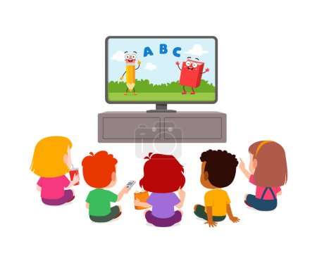 Téléchargez les illustrations : Petit enfant regarder la télévision et se sentir heureux - en licence libre de droit