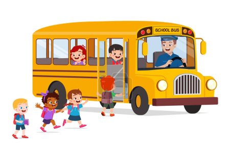 Junge und Mädchen fahren Schulbus und gehen zur Schule
