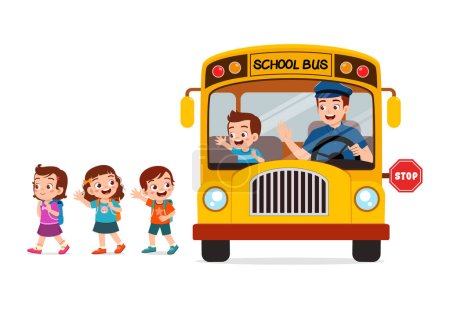 Illustration for Little kids boy and girl ride school bus and go home from school - Royalty Free Image