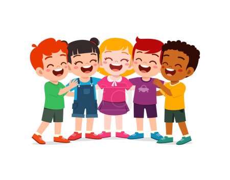 little kids huddle together with friends and feel happy