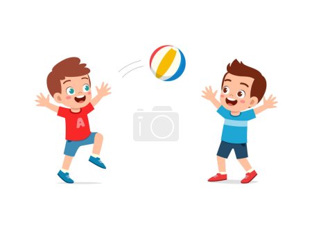 Téléchargez les illustrations : Petit enfant jouant au volley ball avec un ami et se sentir heureux - en licence libre de droit