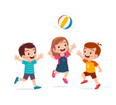 little kid playing volley ball with friend and feel happy Poster #649162328
