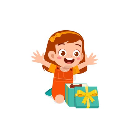 Kleines Kind öffnet Geschenkbox und fühlt sich glücklich