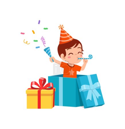 Téléchargez les illustrations : Petit enfant fête son anniversaire et joue à l'intérieur d'une grande boîte cadeau - en licence libre de droit
