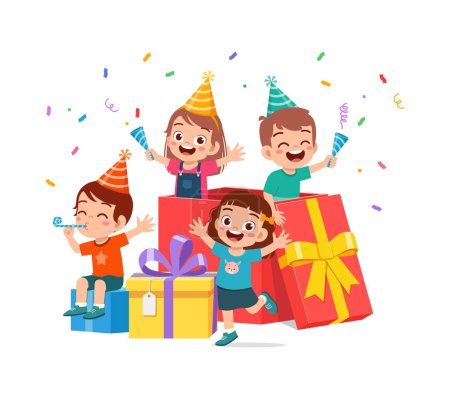 Kleines Kind feiert Geburtstag und spielt in großer Geschenkbox