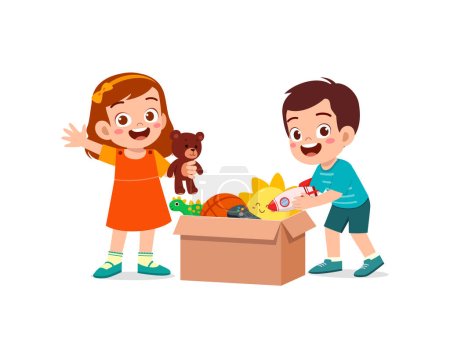 Kleines Kind legt Spielzeug in Box für Spende mit Freund