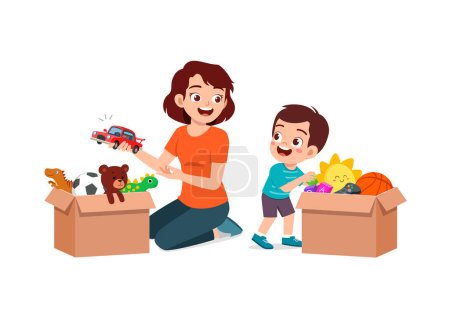 Kleines Kind legt Spielzeug in Box für Spende mit Mutter