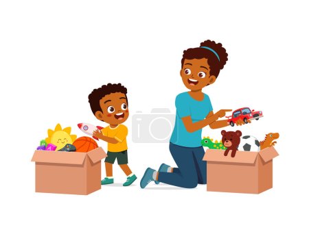 Illustration for Little kid put toys to box for donation with mother - Royalty Free Image