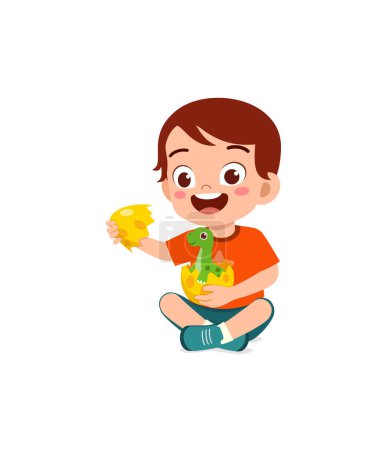 Illustration for Little kid play with dinosaur egg toy and feel happy - Royalty Free Image