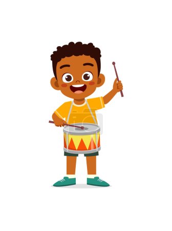 little kid playing one drum and feel happy