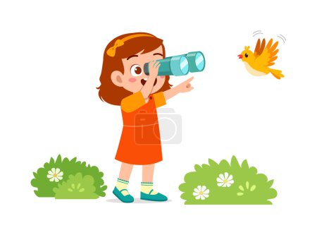 little kid use binocular to see bird fly