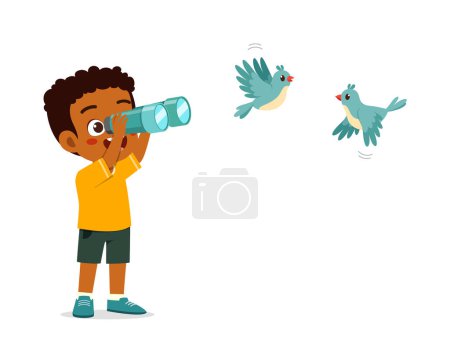Kleines Kind nutzt Fernglas, um Vogel fliegen zu sehen