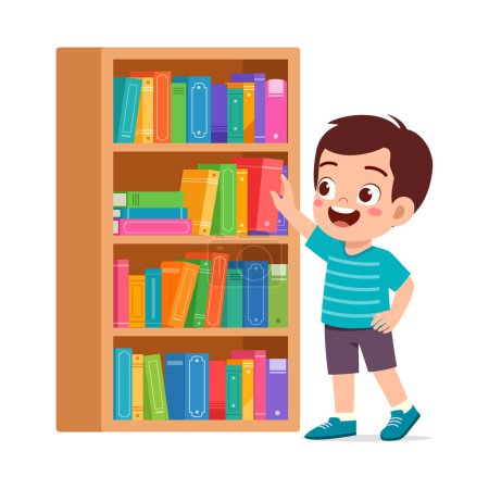 Téléchargez les illustrations : Petit enfant prendre un livre de la bibliothèque - en licence libre de droit