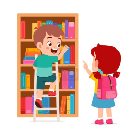 Téléchargez les illustrations : Petit enfant et ami prendre un livre de la bibliothèque en utilisant l'échelle - en licence libre de droit