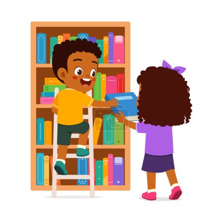 Téléchargez les illustrations : Petit enfant et ami prendre un livre de la bibliothèque en utilisant l'échelle - en licence libre de droit