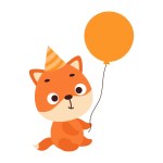 Cute little fox in birthday hat hold balloon on white background. Cartoon animal character for kids t-shirt, nursery decoration, baby shower, greeting card, house interior. Vector stock illustration