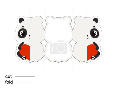 Cute panda hold heart. Fold long greeting card template. Great for St. Valentine day, birthdays, baby showers. Printable color scheme. Print, cut out, fold. Vector stock illustration.