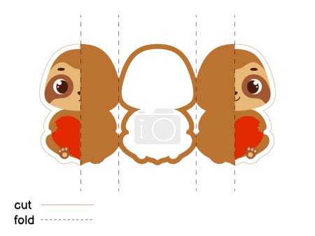 Téléchargez les illustrations : Cute sloth hold heart. Fold long greeting card template. Great for St. Valentine day, birthdays, baby showers. Printable color scheme. Print, cut out, fold. Vector stock illustration. - en licence libre de droit