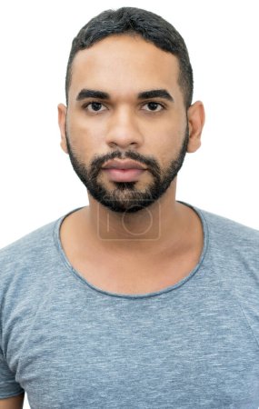 Passport photo of serious mexican man with beard and black hair isolated on white background to cut out