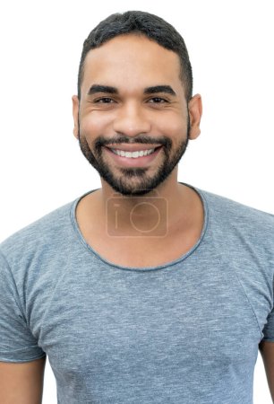 Photo for Passport photo of laughing mexican man with beard and black hair isolated on white background to cut out - Royalty Free Image