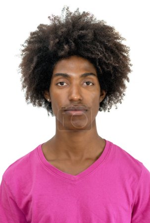 Passport photo of serious young adult black man with curly hair isolated on white background for cut out