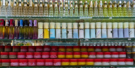 Photo for Salalalah, Oman -November 11.2023 : Perfumes and buhkoor sold at Al-Husn Souq in Salalah. - Royalty Free Image