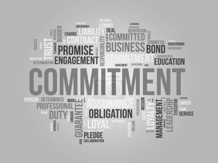 Concepto de fondo de Word Cloud para Compromiso. Compromiso de responsabilidad, compromiso del contrato de negocios de lealtad promesa logro. ilustración vectorial.