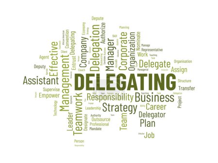 Word Cloud Hintergrundkonzept zum Delegieren. Unternehmensverantwortung, Karrieremanagement und strategischer Führungsansatz. Vektorillustration.