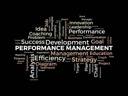 Illustration for Word cloud background concept for Performance management. Employee commitment progress strategy of business coaching efficiency. vector illustration. - Royalty Free Image