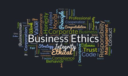 Illustration for Word cloud background concept for Business Ethics. Corporate integrity, Company principle moral trust of responsibility value. vector illustration. - Royalty Free Image