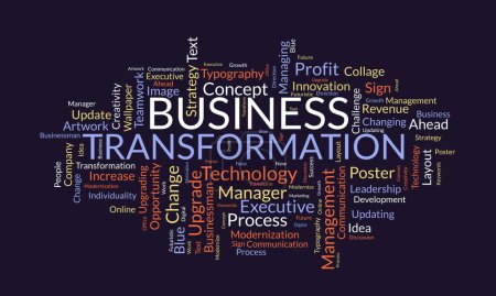Concepto de fondo de nube de palabras para transformación empresarial. Estrategia de gestión del crecimiento empresarial para cambiar o modernizar el concepto empresarial. ilustración vectorial.