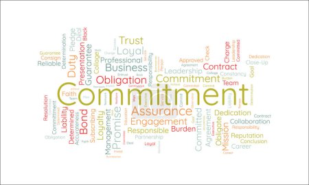 Concepto de fondo de Word Cloud para Compromiso. Compromiso de responsabilidad, compromiso del contrato de negocios de lealtad promesa logro. ilustración vectorial.