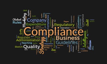 Word Cloud Hintergrundkonzept für Compliance. Richtlinien für Unternehmensagenturen zur Regulierung von Qualitätsprozessen. Vektorillustration.