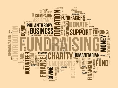 Word Cloud Hintergrundkonzept für Fundraising. Wohltätigkeitsfinanzierung, Philanthropie Spenden Unterstützung von wohltätigen Beiträgen. Vektorillustration.