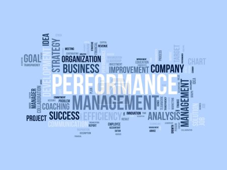 Word cloud background concept for Performance management. Employee commitment progress strategy of business coaching efficiency. vector illustration.