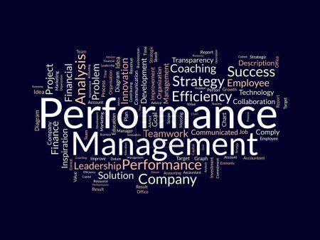 Word cloud background concept for Performance management. Employee commitment progress strategy of business coaching efficiency. vector illustration.