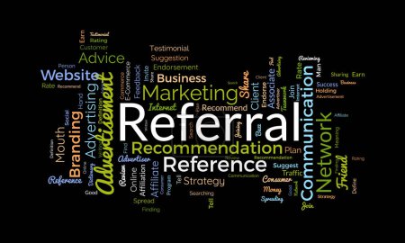 Illustration for Word cloud background concept for Referrals. Business affiliate suggestion strategy for traffic network advertising. vector illustration. - Royalty Free Image