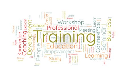 Concepto de fondo de nube de palabras para entrenamiento. Desarrollo profesional de carrera con taller de negocios estudio de habilidades de conferencia. ilustración vectorial.
