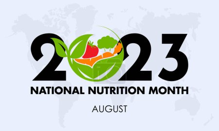 Téléchargez les illustrations : 2023 Concept Illustration vectorielle du Mois national de la nutrition. Concept de régime végétal pour le fitness, les protéines ou le bien-être - en licence libre de droit