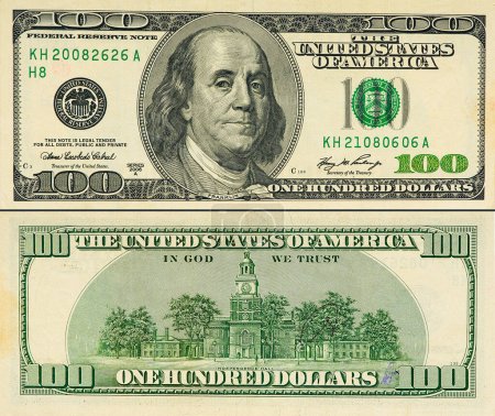 Foto de Large fragment of 100 hundred dollars bill banknote. Old American money banknote, vintage retro, United States of America. usd - Imagen libre de derechos