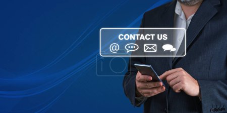 Photo for Concept of contact us. businessman using digital device to get online business contact information. connection customer service. email, call, address. - Royalty Free Image