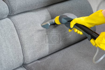 Photo for Sofa before and after wet - cleaning indoors. textile sofa vacuum cleaning. professional cleaning service concept. - Royalty Free Image