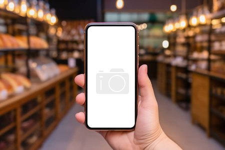 Téléchargez les photos : Maquette de Smartphone avec écran blanc dans les mains masculines dans un café ou une boutique confortable : idéal pour la promotion ou la publicité App - en image libre de droit
